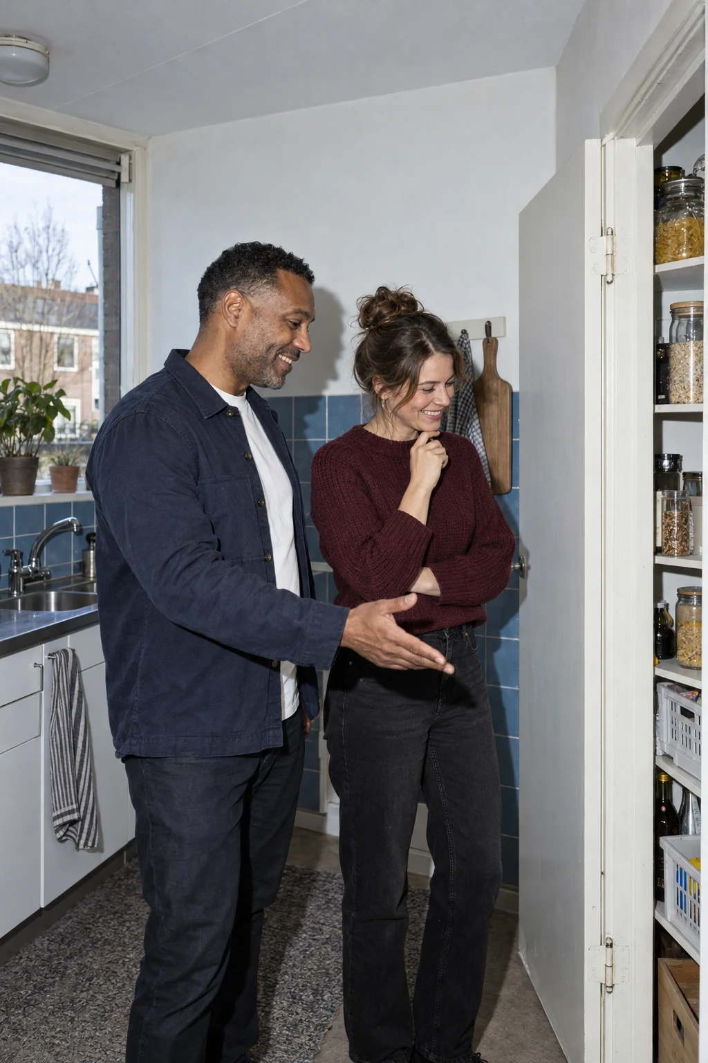 Adviseur en koper bekijken samen een keuken tijdens een woningbezichtiging.
