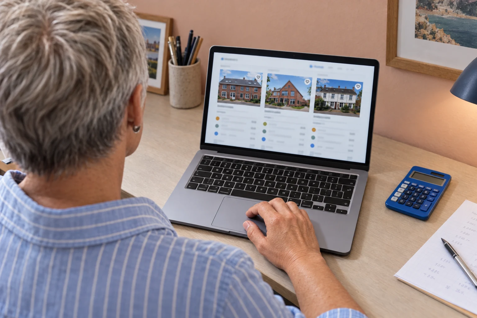 Een aankoopadviseur vergelijkt woningen op een laptop.