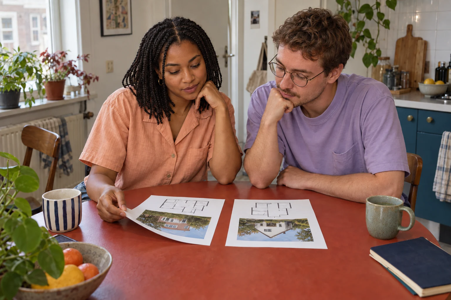 Two buyers compare property sheets and floor plans at their dining table.