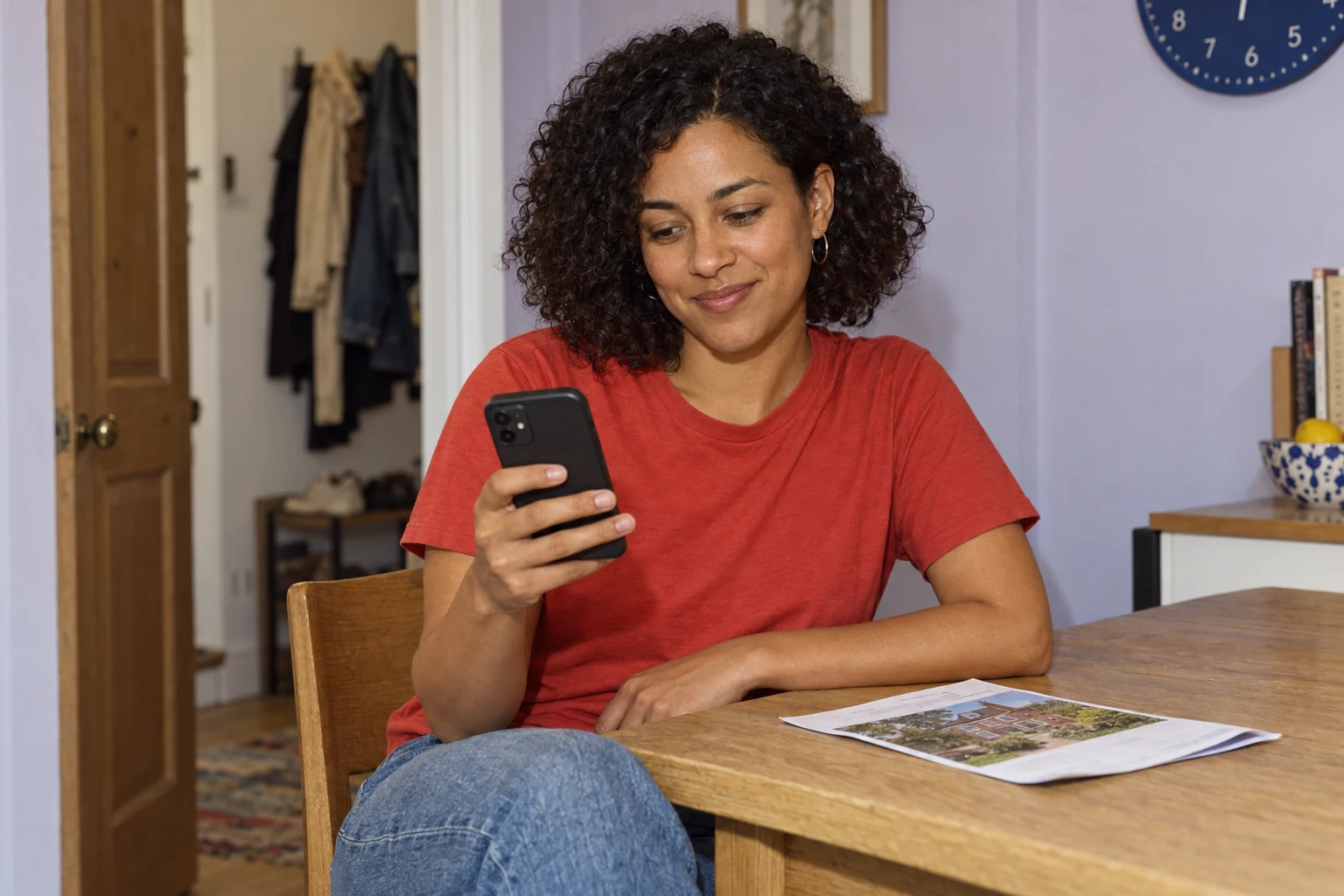 A buyer checks her phone after deciding what to offer.