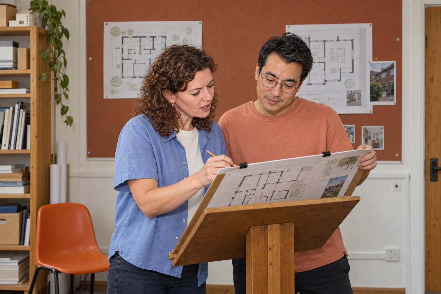 AI-conceptfoto van twee adviseurs die een plattegrond bespreken tijdens een praktijkworkshop.