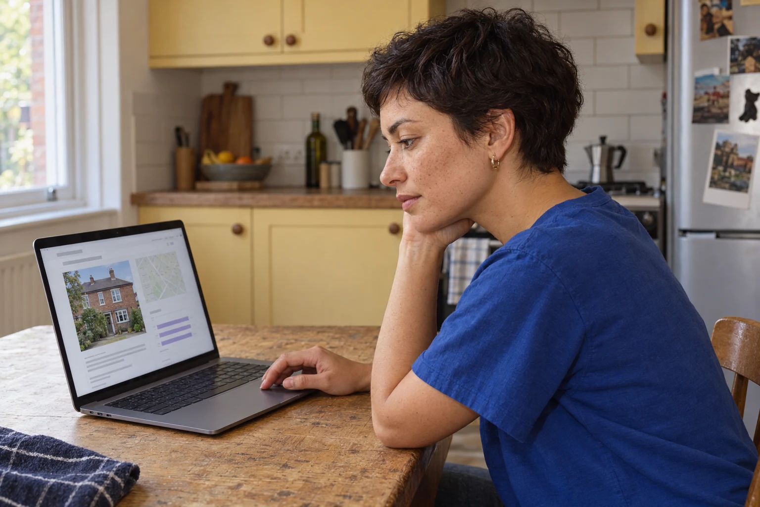 Een koper bekijkt een woningrapport op haar laptop aan de keukentafel.