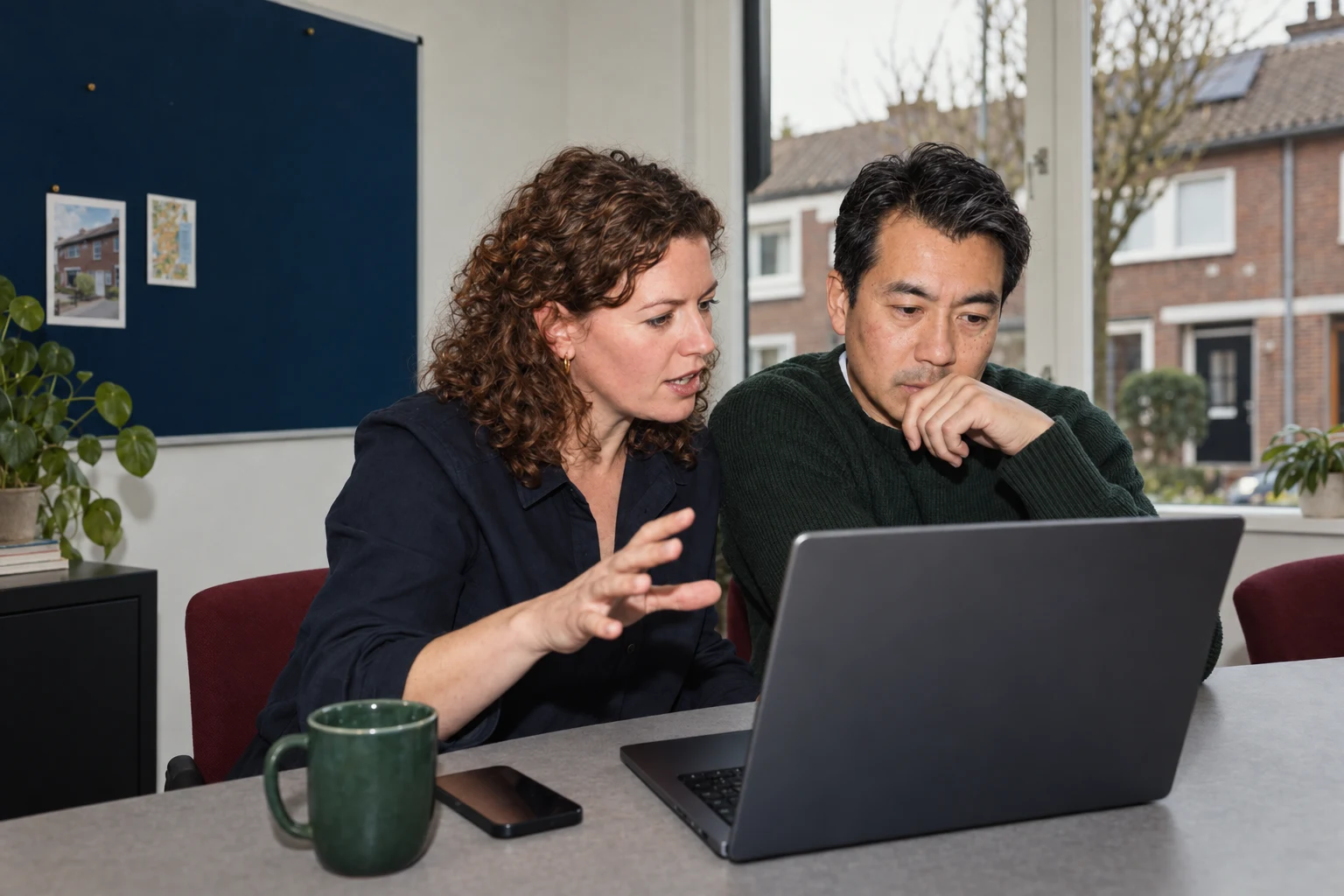 AI-conceptfoto van twee adviseurs die samen een woningdossier bespreken.